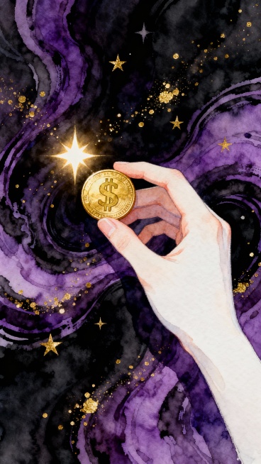 插画风格，一只纤细白皙的手在画面右侧以半握姿态拿着一枚金色硬币，硬币表面有美元符号图案，手的下方和左侧是深紫色与黑色交织的流动漩涡状背景，点缀着金色闪光和星星，最大的一颗明亮星形光点位于硬币左上方，整体画面营造出神秘梦幻的氛围，色彩以深紫、黑色为基调，金色元素作为亮点，光影柔和，笔触带有水彩般的晕染质感。预览效果