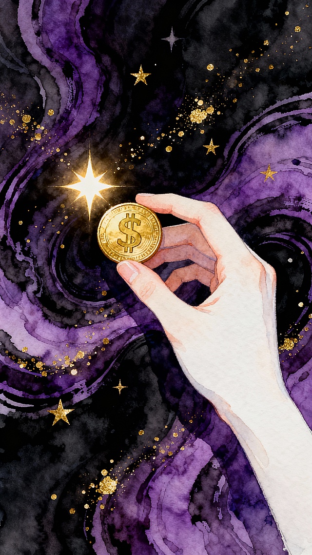 插画风格，一只纤细白皙的手在画面右侧以半握姿态拿着一枚金色硬币，硬币表面有美元符号图案，手的下方和左侧是深紫色与黑色交织的流动漩涡状背景，点缀着金色闪光和星星，最大的一颗明亮星形光点位于硬币左上方，整体画面营造出神秘梦幻的氛围，色彩以深紫、黑色为基调，金色元素作为亮点，光影柔和，笔触带有水彩般的晕染质感。