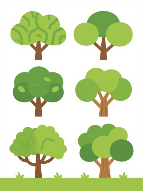 6棵不同品种、不同样式、不同外观的树，以整齐的排列方式分布在画面中，每棵树都拥有独特的树冠形状、枝叶纹理和树干特征，整体呈现出平面插画风格，采用明快鲜亮的绿色系树叶与棕色系树干，色彩过渡平滑自然，边缘线条清晰流畅，背景为纯白色，底部有少量绿色草地点缀，整体画面简洁干净，视觉层级分明，具有清晰的信息传达效率。预览效果