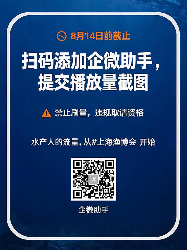 生成一套小红书图文笔记，共4页，风格为“水产/海鲜展会+年轻化、激励感、活动宣传”，主色调采用深海蓝、白色、橙色点缀。

第1页（封面图）：
大标题：“🔥水产人免费拿展位！” 副标题：“抖音挑战赛 直通2026上海渔博会”。背景为海鲜市场、渔民或展会现场的高清图，加微动态光效。底部放“最高5万播放量换免费展位”标签。

第2页（参赛三步）：
标题“📌 三步参赛”。三个图标+文字：1️⃣拍视频（水产/海鲜相关，形式不限）2️⃣带话题 #上海渔博会 3️⃣@上海国际渔业博览会（蓝V账号）。背景简洁，白色卡片风格。

第3页（核心奖励）：
标题“🎁 你能拿到什么？” 列表形式：

· ✅ 免费入驻电商专区（单视频≥5万 或 总播放≥15万）
· ✅ 官方抖音/视频号转发 + 专业水产媒体推广（价值1000元）
· ✅ 展会大屏滚动曝光（10w+人流）
· ✅ 专属倒计时海报，发30w+水产社群
· ✅ 荣誉证书+媒体专访
· ✅ 抖音千万级流量扶持（白名单）
  使用emoji和奖杯图标。

第4页（行动引导页）：
标题“⏰ 8月14日前截止”。大字：“扫码添加企微助手，提交播放量截图”。下方加提醒：“禁止刷量，违规取消资格”。底部口号：“水产人的流量，从#上海渔博会 开始”。放一个模拟二维码图标（写“企微助手”）。

所有页面文字清晰、排版小红书风格（大字标题、圆角边框、留白较多），不要过于复杂。