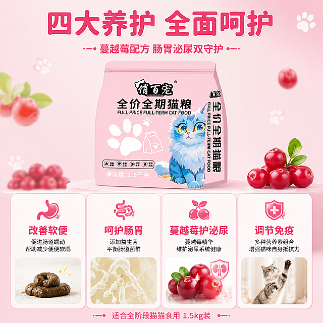 [主图-4] 肠胃泌尿双呵护多效养护卖点图。
[氛围风格] 温馨健康宠物风，安心可靠感，商业摄影质感；
[画质] 超高清商业摄影质感、光线柔和通透、产品清晰真实、画面干净高级。
[元素] 画面中央偏上放置俏百宠猫粮粉色包装袋，下方横排四个白色圆角功能卡片，每个卡片内有对应图标和小图。卡片从左到右分别是：改善软便（配肠胃健康图标和健康猫咪便便图）、呵护肠胃（配肠胃图标和益生菌颗粒示意）、蔓越莓护泌尿（配蔓越莓果和泌尿系统健康图标）、调节免疫（配盾牌图标和活力猫咪图）。背景是浅粉色渐变，点缀少量白色爪印和蔓越莓图案。**保持猫粮包装袋外观与输入产品图一致，杜绝任何变形和色差**。商品主体占比约50%。
[光影] 均匀柔和顶光，产品和卡片都清晰明亮，阴影柔和。
[配色] 主背景色系：浅粉色渐变；辅助色：白色、蔓越莓红（健康点缀）；强调色：深粉色、橙色；卡片/图标色：白色圆角卡片配粉色细描边；标题色：深粉色粗体。
[视角构图] 俯视平视结合，上产品下卡片，上下构图，信息清晰分层。
[文字版式] 顶部主标题"四大养护 全面呵护"深粉色圆润大字体，下方小字"蔓越莓配方 肠胃泌尿双守护"。四个卡片内分别有图标+标题+简短说明，标题深粉色粗体，说明深灰色小字。卡片之间用浅粉色细线分隔。底部小字"适合全阶段猫猫食用 1.5kg装"。
[输出要求] 1:1比例，文字清晰可辨，超高清商业摄影质感。
[负向提示词] 变形，文字错乱，产品图模糊，背景杂乱，水印，电商平台Logo，多余的手，畸形手。