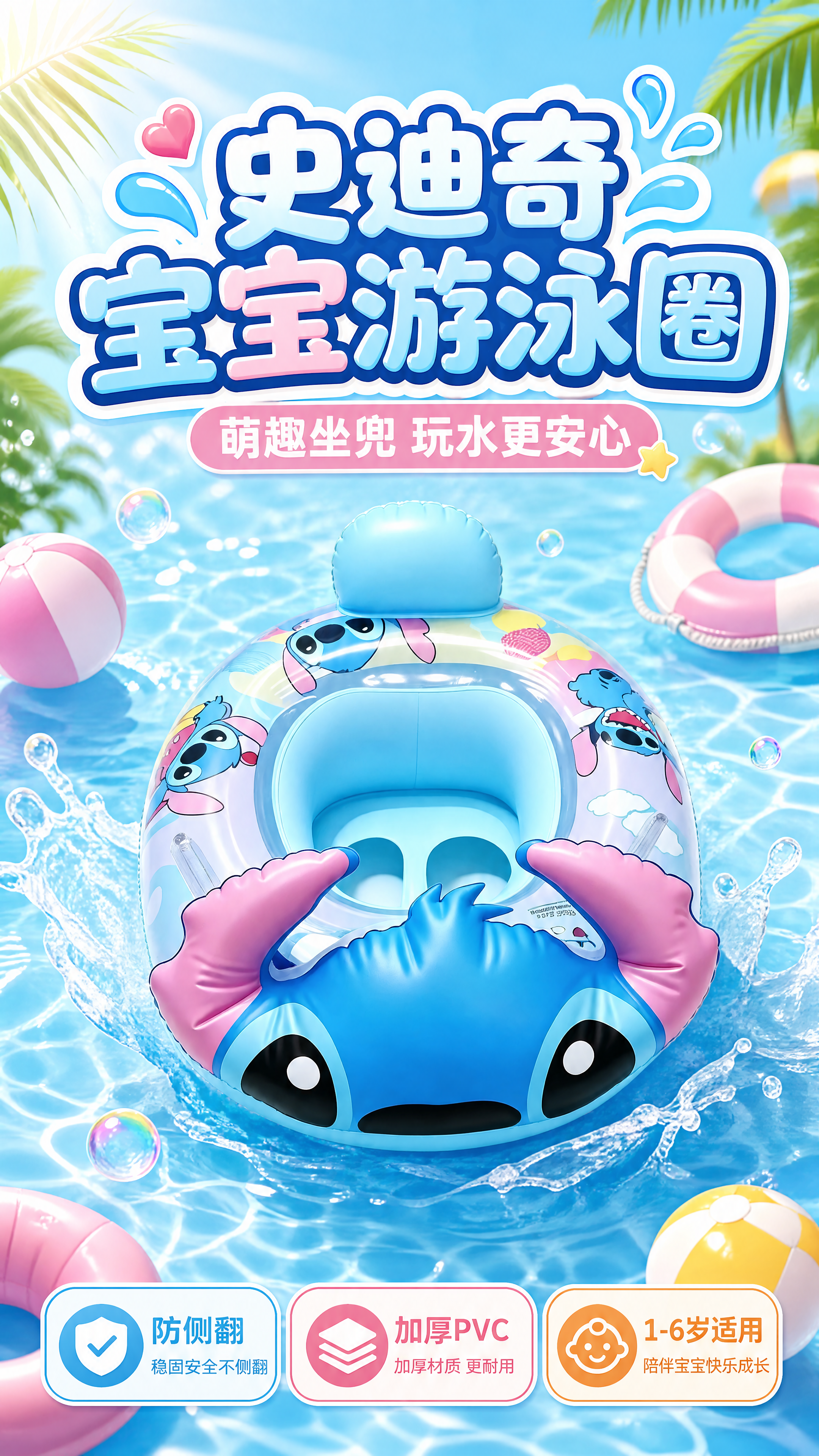 [第1张] 详情页头图-史迪奇儿童坐兜游泳圈夏日戏水氛围海报。… - 图片创意预览