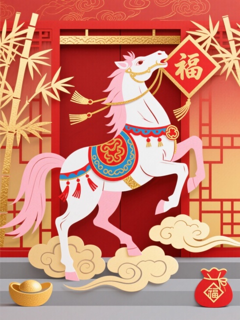 主体是粉白骏马（装饰红蓝祥云纹、赤金流苏配饰，点缀金箔质感），双前蹄腾空踏浅金祥云，后蹄蹬立，仰头咬着一个大红 “福” 字，神态昂扬灵动；周围环绕金竹剪纸、圆元宝剪纸、方福袋剪纸，场景为简约中式门庭（预览效果