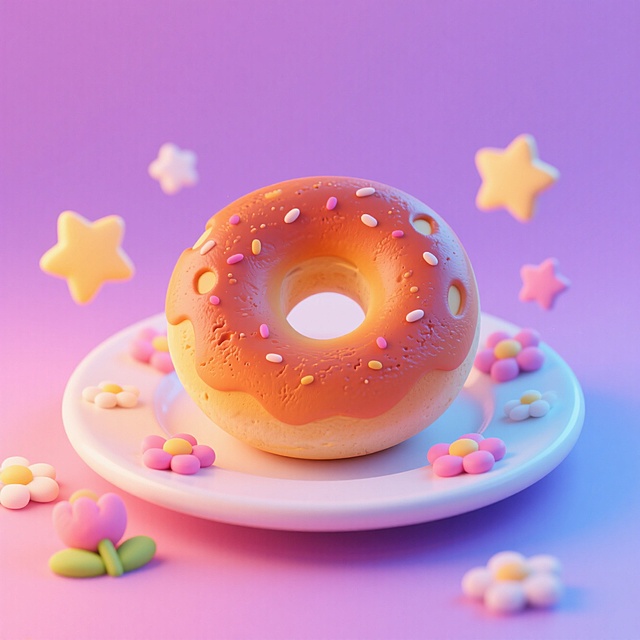 一个贝果放在盘子上，周围有可爱的星星、小花元素点缀