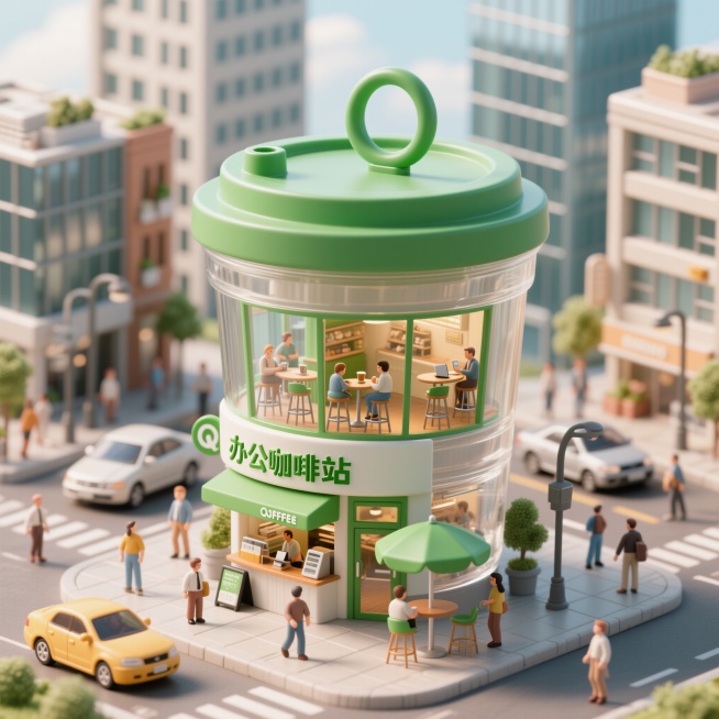 3D渲染的微缩风格场景，主体是巨大的纤体瓶造型建筑，透明杯身搭配绿色，顶部盖子有圆环提手。建筑为两层结构，一层是入口，门前有绿色遮阳伞和便捷点单区，顾客来往不息；二层是全景玻璃窗，人们在高脚椅上小憩或预览效果