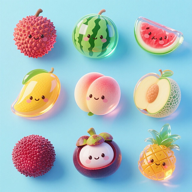 3D风格的卡通水果，拟人化设计，塑料质感，色彩鲜艳，充满可爱感。