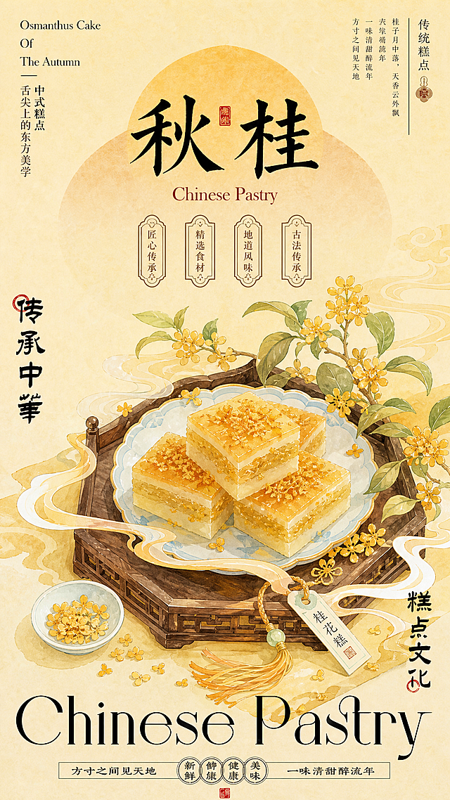 参考提供的图片风格，国风水彩中式糕点海报，构图是竖版，上半部分标题，中间是盛放桂花的中式糕点盘，整体风格是淡彩国风插画，标题为"秋桂"，保留"传承中华"文字、"糕点文化"文字、"Chinese Pastry"英文排版，国潮淡彩，传统中式风格，暖黄色调，秋季桂花主题