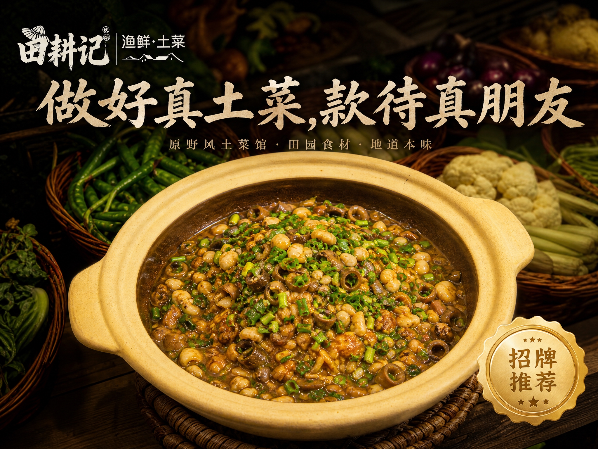 参考第一张图的高端美食海报设计风格和排版，以原野风土菜馆为主题… - 图片创意预览