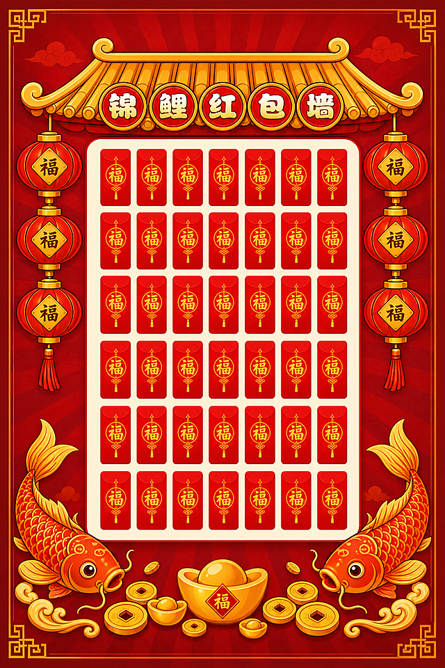 参考图的元素和风格，生成竖版锦鲤红包墙活动海报。画面整体为国潮扁平插画风格，红金喜庆配色。顶部为中式金色屋檐造型，屋檐下五个圆形灯笼牌匾写着"锦鲤红包墙"五个大字。画面中央是整齐排列的红包矩阵，7行5列共35个红色红包，每个红包上印有金色"福"字纹样，红包排列在米白色圆角矩形区域内。画面左右两侧各悬挂三盏红色灯笼，灯笼上写有"福"字，下方垂着红色流苏。画面底部左右各有一条金色锦鲤，鱼头朝内相对，锦鲤周围点缀金色铜钱和元宝装饰。整体背景为深红色渐变，带有放射状光线纹理，营造喜庆热闹的抽奖氛围。画面四周留有安全边距，排版精美，细节丰富，高清画质。画面中所有红包、灯笼、锦鲤、金币等元素必须完整清晰，不得有空白占位。画面比例为竖版2:3。