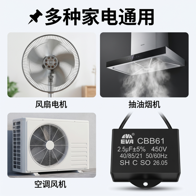 [主图 4] 电容多适用场景展示主图。[氛围风格] 贴近生活实用场景，真实自然。[画质] 商业摄影质感、光线柔和通透、产品清晰真实、画面干净高级。[元素] CBB61电容主体放在画面下方居中位置，上方预览效果