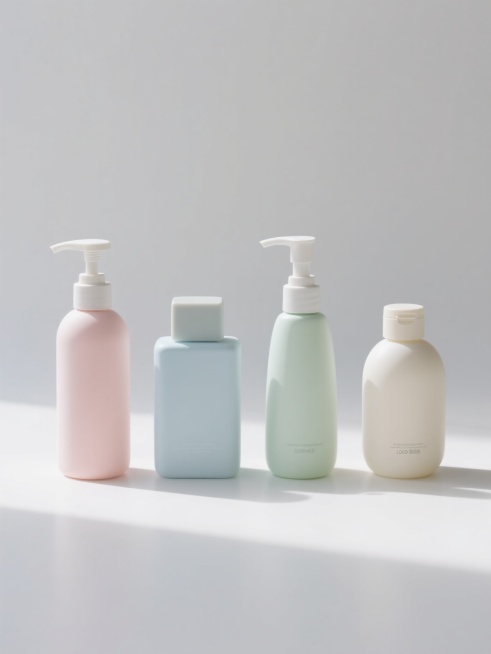 4瓶不同样式和外观的沐浴露，采用简洁的现代产品摄影风格，白色纯色背景，光线从顶部偏前方柔和照射，在瓶底形成轻微的渐变阴影，增强立体感。每瓶沐浴露具有独特的瓶身设计：有的是圆柱形带按压泵头，有的是方形磨砂质感带翻盖，有的是细长椭圆形配流线型泵头，有的是矮胖圆形带旋盖。瓶身颜色各异，分别为柔和的淡粉色、浅蓝色、浅绿色和米白色，表面光滑或带有细微纹理，整体排列整齐，呈一字或矩形分布，间距均匀，构图平……预览效果