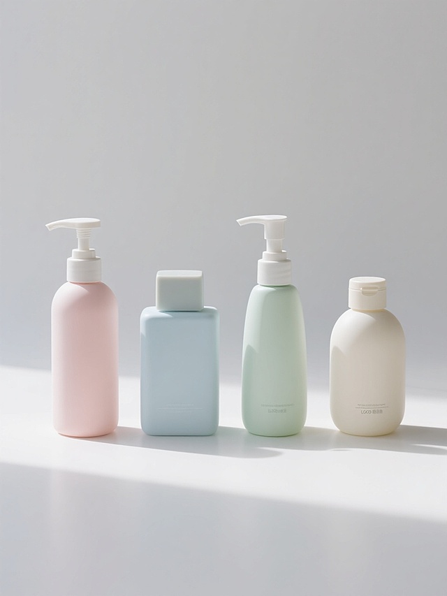 4瓶不同样式和外观的沐浴露，采用简洁的现代产品摄影风格，白色纯色背景，光线从顶部偏前方柔和照射，在瓶底形成轻微的渐变阴影，增强立体感。每瓶沐浴露具有独特的瓶身设计：有的是圆柱形带按压泵头，有的是方形磨砂质感带翻盖，有的是细长椭圆形配流线型泵头，有的是矮胖圆形带旋盖。瓶身颜色各异，分别为柔和的淡粉色、浅蓝色、浅绿色和米白色，表面光滑或带有细微纹理，整体排列整齐，呈一字或矩形分布，间距均匀，构图平衡，突出产品本身的形态和材质细节，无任何文字、LOGO、二维码或额外装饰元素。