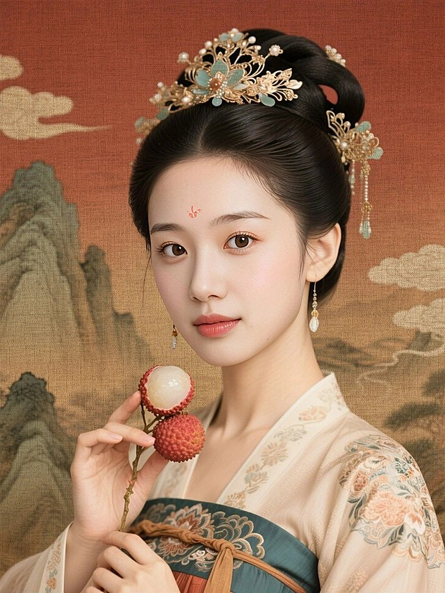 身穿唐代精美纹理服饰，高冷、大眼、丹凤眼、长睫毛、华丽发饰，手持荔枝相关物件，古风影视海报质感，暖棕红渐变背景，融入山水云纹，色调古朴典雅，有传统工笔渲染韵味