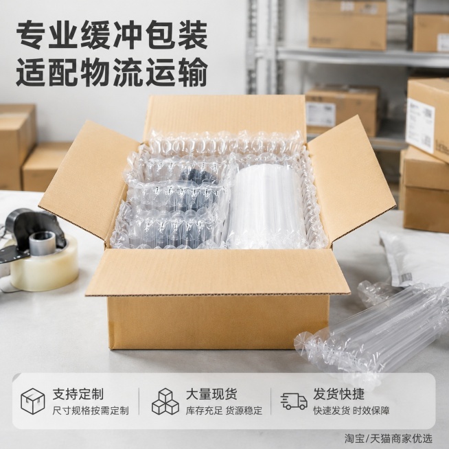 「图片1」，生成主图（5张），商品名称是气柱袋，卖点是缓冲防撞，2000个起定制，4-15柱大量现货速发，适配淘宝/天猫平台，主图比例为1:1预览效果