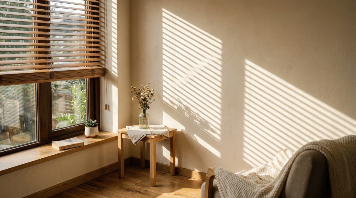 阳光通过百叶窗照进室内，百叶窗的阴影规则地投射在米白色的墙壁上，整体画面宁静温暖，光影层次分明，高清写实风格预览效果