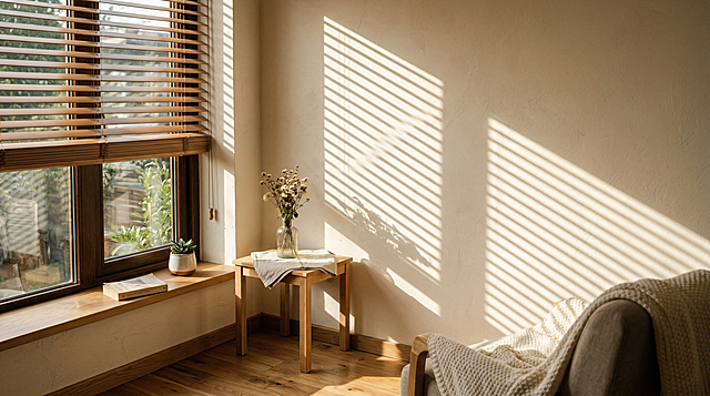 阳光通过百叶窗照进室内，百叶窗的阴影规则地投射在米白色的墙壁上，整体画面宁静温暖，光影层次分明，高清写实风格