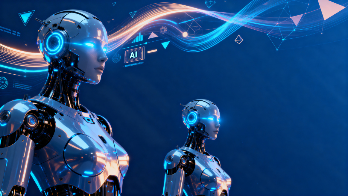 纯背景PPT封面，人工智能与机器人主题，现代科技风格，深蓝色科技感背景搭配发光机器人和AI元素，未来感十足，专业商务科技风，不要任何文字，画质清晰预览效果