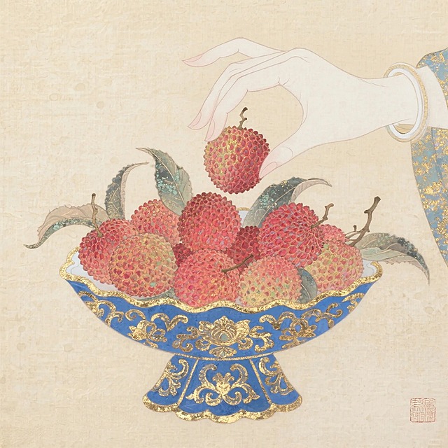 一只纤细手的手（杨贵妃的手）从画面中间装满鲜艳的荔枝的蓝色中式果盘（精致的雕花纹理）中拿起一颗荔枝的特写，米色背景