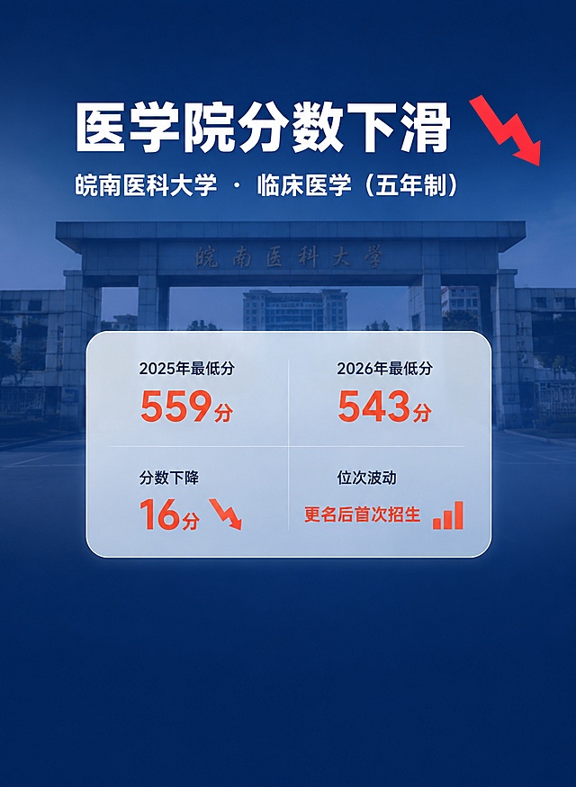 一张竖版1080x1464px的资讯种草海报，主题是医学院分数下滑。背景是皖南医学院校园正门建筑实景（皖南医科大学），覆盖一层深蓝色半透明蒙层，背景虚化柔和。画面顶部是醒目的大标题"医学院分数下滑"，白色粗体大字，字号适中不要过大，右上角有红色向下箭头装饰。下方副标题"皖南医科大学 · 临床医学（五年制）"，白色稍小字体。中部是数据信息卡片区域，半透明白色圆角玻璃质感卡片，卡片宽度较窄，左右留有较大边距，卡片内部分两行两列展示数据，文字和数字整体缩小一号：第一行左侧"2025年最低分"下方橙红色数字"559分"，右侧"2026年最低分"下方橙红色数字"543分"。第二行左侧"分数下降"下方橙红色数字"16分"配小型向下折线箭头图标，右侧"位次波动"下方橙红色文字"更名后首次招生"配小型柱状图图标。画面底部干净简洁，没有任何麦穗、树叶、二维码、底部文字装饰，只有纯深蓝色背景。整体风格：数据资讯风，深蓝主色+橙红强调色，排版精美，信息层次分明，现代简约，高清质感。左右留白边距较大，视觉呼吸感强。画面中所有数字必须精确渲染，不得错位、遗漏或编造。画面中所有信息区域必须填充完整合理的内容，不得出现空白框。严禁出现任何二维码图案或占位符。严禁出现麦穗、树叶、花环等装饰元素。