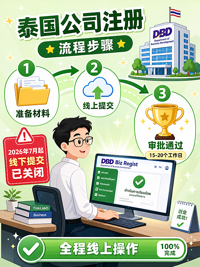 一张卡通风格的信息图插画，主题为"泰国公司注册——流程步骤"。比例3:4，明亮扁平卡通风格，主色调为绿色和白色，背景为浅绿色渐变，点缀星星光点，象征顺利通关。画面中央站着同一位中国创业者卡通人物（男性，30岁左右，戴黑框眼镜，穿白色衬衫和深蓝色长裤，坐在电脑前，双手操作键盘，脸上带着期待的表情看向屏幕）。电脑屏幕亮着光，显示"DBD Biz Regist"平台界面。从电脑屏幕向外延伸出三条弯曲的箭头路径，路径上依次排列三个大号数字图标：①"准备材料"（文件夹图标）→ ②"线上提交"（云上传图标）→ ③"审批通过"（奖杯图标，旁边写着"15-20个工作日"）。画面左侧有一个红色警示标签，上面写着"2026年7月起线下提交已关闭"。画面底部有一条绿色进度条，显示100%完成，写着"全程线上操作"。右上角漂浮一个泰国DBD的卡通化办公大楼图标。整体风格简洁明快，数字图标大而清晰，适合小红书竖图阅读。