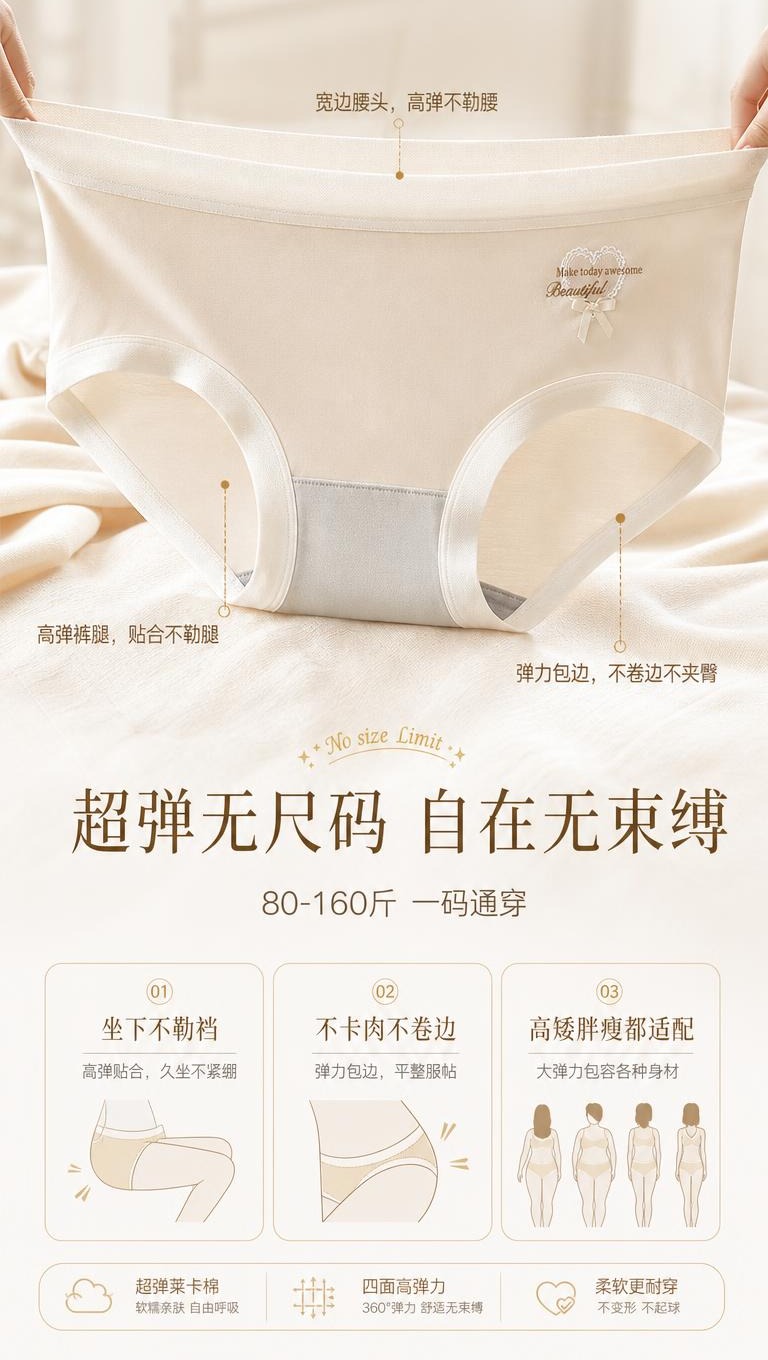 [商品] 使用【图2】奶杏色超弹莱卡棉内裤；商品处理：保留中腰… - 图片创意预览
