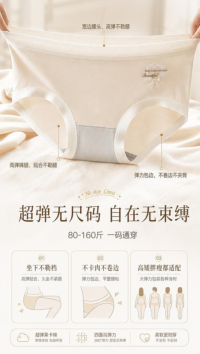 [商品] 使用【图2】奶杏色超弹莱卡棉内裤；商品处理：保留中腰三角版型、宽边腰头、爱心刺绣英文+小蝴蝶结、奶杏色面料、灰色底裆；自然去皱，增强面料拉伸弹力质感，展示腰头与裤腿的弹性延展，不改变版型结构。
[画面] 页面目标：超弹无尺码解析，突出80-160斤包容度与不勒裆不卡肉。构图：上下结构，上半部展示内裤被轻柔拉伸的动态效果（腰头向两侧拉开、展示弹力），下半部放卖点文案与对比示意；产品占画面约50%。景别：产品中近景。前中后景：前景拉伸的内裤主体、中景浅米色布料承托、后景暖米色渐变虚化。阅读动线：从上至下，先看弹力展示再读卖点。
[视觉] 套系策略：风格=高级温柔商业摄影风，浅米色系品牌感；标题字=纤细优雅宋体衬线体，字重中等偏细；正文字=简洁无衬线圆体；主色=浅米色（奶杏米白）；背景延展=基于浅米色做深浅层级渐变、细腻棉麻织物/哑光纸张质感；强调色=香槟金色，仅用于小面积装饰线、图标点缀、标题英文角标；标题色=深棕褐色；正文色=暖灰褐色；组件=细金线圆角信息卡、极细引线、柔焦光斑；光影=左前侧暖柔自然光，柔和漫射阴影，整体低对比度暖调。
[文字] 画面中部主标题「超弹无尺码 自在无束缚」，副标题「80-160斤 一码通穿」，下方3个短卖点：①坐下不勒裆 ②不卡肉不卷边 ③高矮胖瘦都适配；用金色细引线从内裤腰头、裤腿处引出标注，文字全部横排。
[规格] 图片比例9:16竖版，4K分辨率，负向提示：避免变形、错字、文字过小、冷蓝背景、内裤颜色改变、低俗擦边、过度拉伸失真、水印。