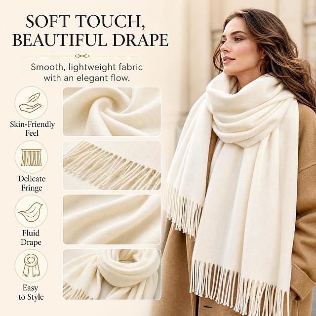 Split-layout premium product feature infographic, elegant Caucasian woman wearing a cream-white oversized fringed shawl positioned on the right side, four circular feature icons on the left paired with four detailed close-up fabric texture images, soft warm cream-colored background, large headline text "SOFT TOUCH, BEAUTIFUL DRAPE", subtitle text "Smooth, lightweight fabric with an elegant flow.", feature labels "Skin-Friendly Feel", "Delicate Fringe", "Fluid Drape", and "Easy to Style", refined luxury graphic design, realistic fabric details, clean commercial product presentation, sharp focus. The shawl matches the cream-white color and long fringe style of the reference shawl.