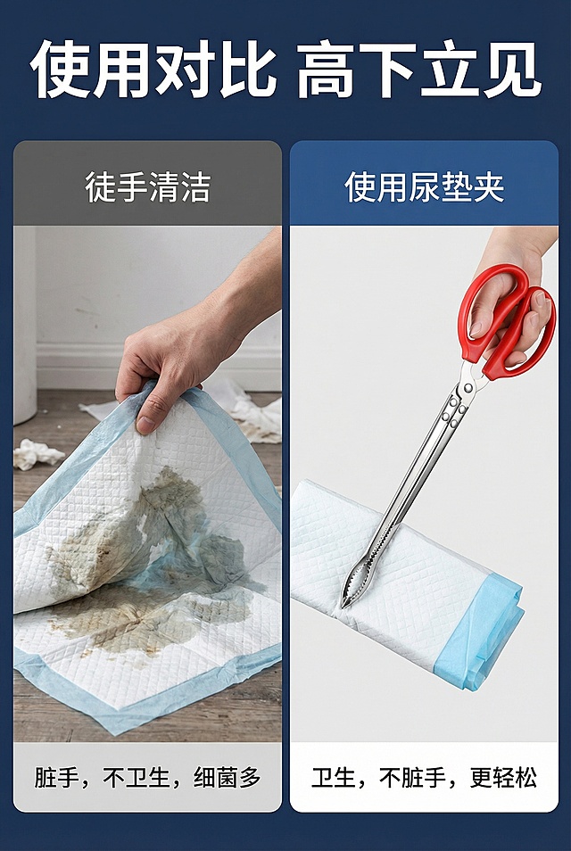 电商详情页产品使用对比页，宠物猫狗尿垫夹，对比徒手清洁和使用本产品的区别，突出使用本产品更卫生、不脏手的优势，保留原产品，风格对比鲜明，设计高级，标题文字"使用对比 高下立见"，竖版尺寸750x1200