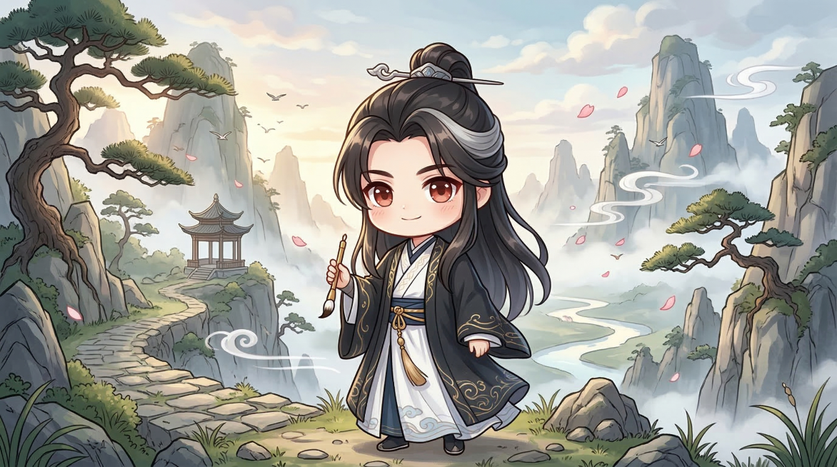 将图1的古风男性角色转换为图2的Q版可爱风格，背景改为武侠风山水场景预览效果
