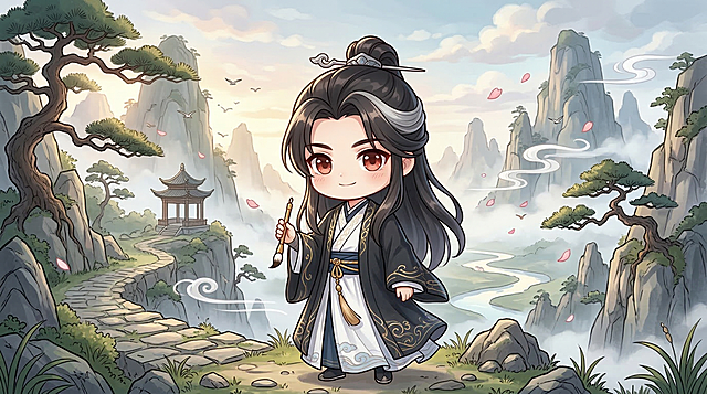 将图1的古风男性角色转换为图2的Q版可爱风格，背景改为武侠风山水场景