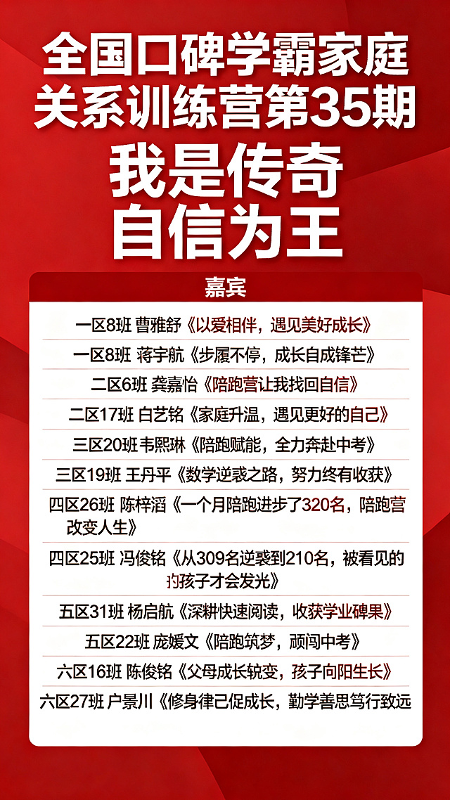 红色背景纯文字海报，排版整齐。顶部大标题："全国口碑学霸家庭关系训练营第35期"，副标题："我是传奇 自信为王"，然后是分享嘉宾列表：一区 8班曹雅舒《以爱相伴，遇见美好成长》，一区 8班蒋宇航《步履不停，成长自成锋芒》，二区 6班龚嘉怡《陪跑营让我找回自信》，二区17班白艺铭《家庭升温，遇见更好的自己》，三区 20班韦熙琳《陪跑赋能，全力奔赴中考》，三区19班王丹平《数学逆袭之路，努力终有收获》，四区 26班陈梓滔《一个月陪跑进步了320名，陪跑营改变人生》，四区25班冯俊铭《从309名逆袭到210名，被看见的孩子才会发光》，五区 31班杨启航《深耕快速阅读，收获学业硕果》，五区 22班庞媛文《陪跑筑梦，勇闯中考》，六区 16班陈俊铭《父母成长蜕变，孩子向阳生长》，六区27班户景川《修身律己促成长，勤学善思笃行致远》。全部文字均为白色清晰展示在红色背景上，干净正式的活动海报设计。