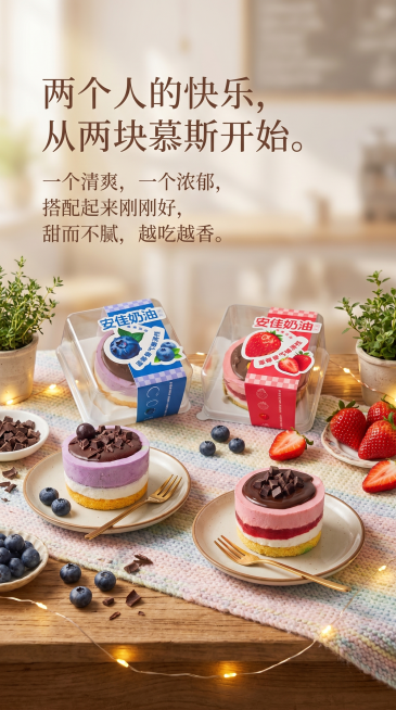 制作一张甜品慕斯蛋糕海报，将提供的四张慕斯图片都加入进去，保留每块蛋糕原本的样子不变，添加文字文案'两个人的快乐，从两块慕斯开始。一个清爽，一个浓郁，搭配起来刚刚好，甜而不腻，越吃越香。'，整体风格温预览效果
