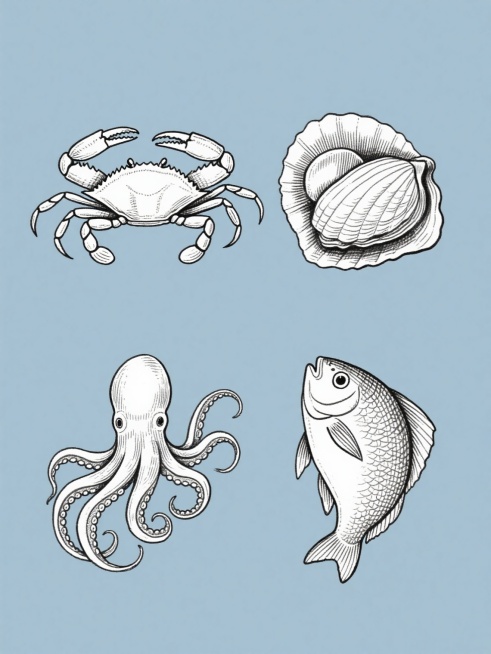 四个规整排布的手绘线稿风格海鲜插画集合，保持原图黑白简约的钢笔线条质感、细腻的纹理刻画和写实的形态特征，画面整体色彩变换为蓝灰色调，每个元素为不同的海鲜类目，分别是螃蟹、贝类、章鱼和鱼类，均以纯色背景衬托，元素大小统一且间距均匀，形成系列感强的素材集合，无文字和标识。预览效果