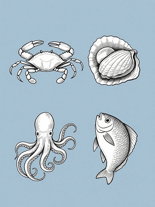 四个规整排布的手绘线稿风格海鲜插画集合，保持原图黑白简约的钢笔线条质感、细腻的纹理刻画和写实的形态特征，画面整体色彩变换为蓝灰色调，每个元素为不同的海鲜类目，分别是螃蟹、贝类、章鱼和鱼类，均以纯色背景衬托，元素大小统一且间距均匀，形成系列感强的素材集合，无文字和标识。