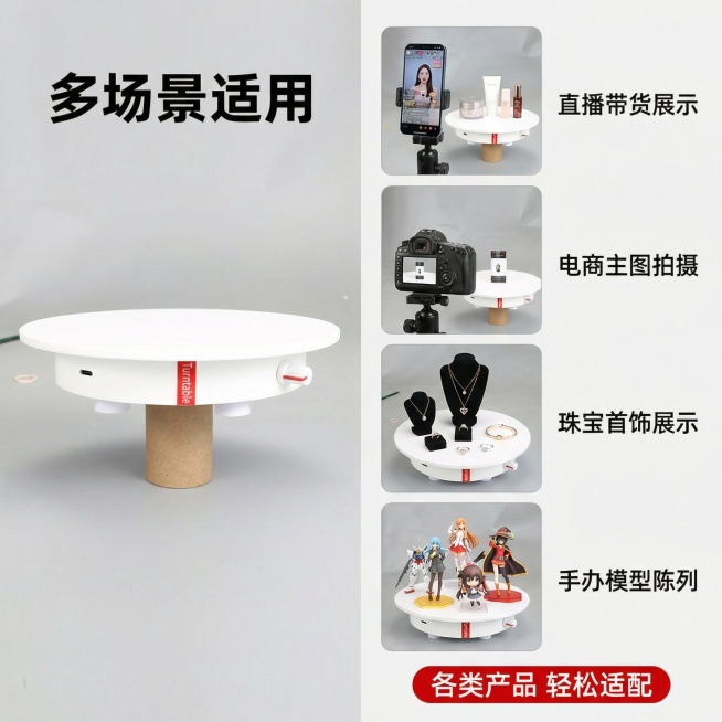 [主图 5] 电动旋转展示台适用场景展示
[氛围/风格] 场景化展示，直观丰富，专业电商风
[画面元素] 左侧保持原图旋转台整体外观，右侧分块展示不同产品展示场景小图（珠宝首饰、手办模型、商品直播），预览效果