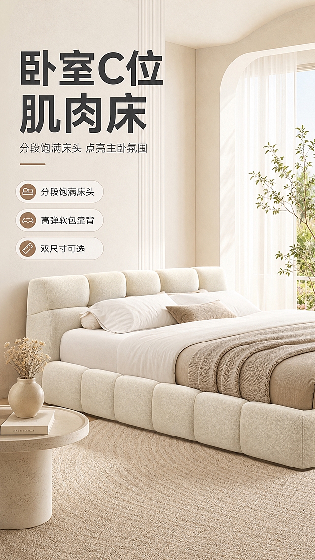 [商品] 使用【图1】M2527肌肉床；保留分段饱满床头、落地围边、整体方正肌肉块造型、浅米白色布艺材质、软包饱满度与床体比例；修复项：增强面料纹理与缝线质感，使软包更饱满立体，不改变结构和颜色。
[画面] 页面目标：卧室氛围感C位头图，突出整屋高级感与床的主角地位。左文右景竖版构图，左侧约1/3留白放文案，右侧约2/3为明亮卧室大场景。产品占画面约55%，床体45度侧角摆放，床头朝左。前景：浅米色地毯+圆形边几+陶瓷花瓶；中景：肌肉床主体+蓬松白色床品+米色抱枕；后景：奶油白墙面+落地窗纱+暖自然光+绿植点缀。暖调午后自然光从右侧窗户洒入，光影柔和。
[视觉] 套系策略：风格=奶油风高级卧室商业摄影；标题字=现代无衬线粗黑体；正文字=简洁无衬线体；主色=奶油米白；背景延展=基于奶油米白做深浅层级、同色渐变和细腻织物/哑光墙面质感；强调色=奶茶棕，仅用于小面积图标、引线和标签；标题色=深炭灰；正文色=中暖灰；组件=圆角浅底信息卡、细线引线、胶囊形卖点框；光影=右前侧暖柔光，柔和漫反射。
[文字] 左侧竖排文案区：主标题"卧室C位 肌肉床"（7字），副标题"分段饱满床头 点亮主卧氛围"（12字），下方3条亮点胶囊："分段饱满床头"、"高弹软包靠背"、"双尺寸可选"。文字不遮挡床主体。
[规格] 图片比例9:16竖版，4K，避免变形、错字、文字过小、冷蓝/蓝灰背景、床颜色改变、结构失真、极限词。