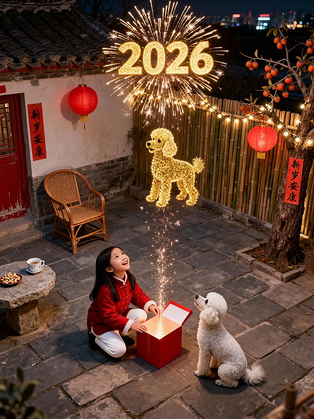 国潮风庭院夜景，小女孩开启礼盒释放金色粒子狗与2026烟花，融合中式元素与虚拟现实梦幻感，喜庆温馨又富趣味。