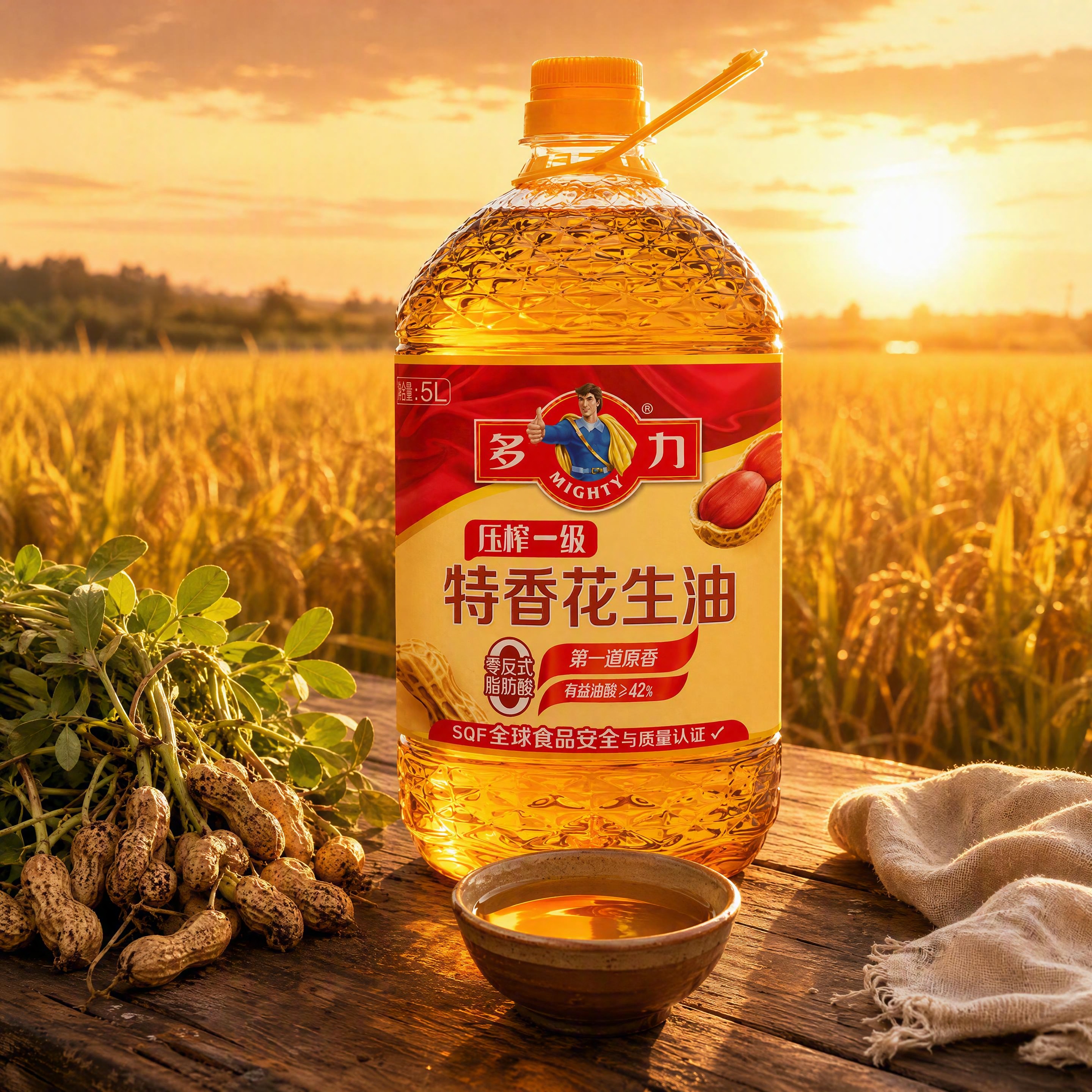 超写实商品摄影。 主体：花生油桶严格参照上传产品图，完整保留所… - 图片创意预览