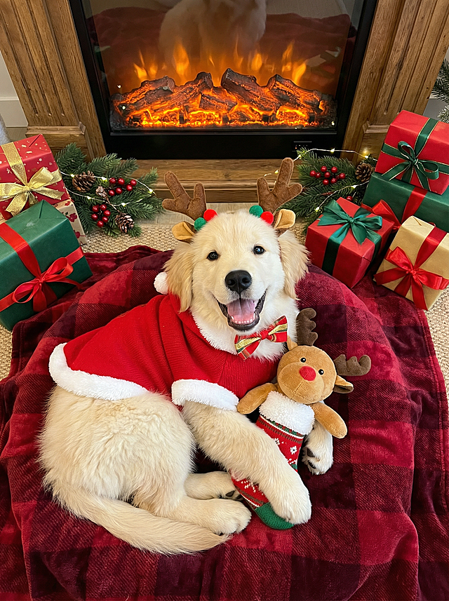 金毛犬身着白色镶绒边的圣诞毛衣，头顶缀着小绒球的鹿角发箍，脖颈系着红金撞色的蝴蝶结领结，前爪紧紧搂着穿圣诞袜造型的毛绒麋鹿玩偶，蜷卧在铺着深红法兰绒毯的壁炉前软垫上，吐舌卖萌。背景为原木色壁炉，燃着暖光火焰，周围堆着包装精美的圣诞礼盒与松枝装饰。俯视视角，对称构图。