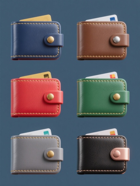 六个不同配色的3D渲染皮革钱包系列素材集合，每个钱包保持相同的正面闭合形态、金色缝线、圆形按扣和部分露出的卡片细节，采用纯色背景，规整网格排布，整体呈现简约现代的UI图标风格，色彩方案分别为：1. 深蓝色钱包配金色金属件，2. 棕色钱包配银色金属件，3. 红色钱包配金色金属件，4. 绿色钱包配银色金属件，5. 灰色钱包配金色金属件，6. 黑色钱包配玫瑰金金属件，各钱包均具有光滑皮革质感和清晰的……预览效果
