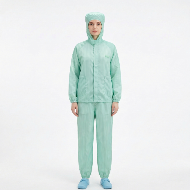 给这张浅绿色防护服模特图加上一双浅蓝色防静电工作鞋，保持1比1正方形构图，纯白色背景，风格和原图保持一致，整体自然和谐预览效果