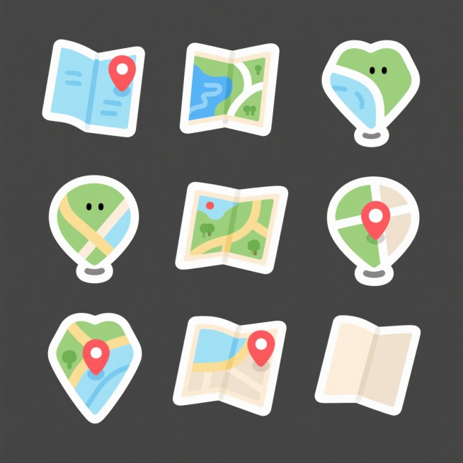 白色背景上，一套不同风格的地图图标，保持卡通插画风格，采用平滑的线条和简洁的色块，色彩搭配改为清新的蓝色系、绿色系和米色，图标包含折叠的地图形状，上面有不同的地形元素如水域、绿地和道路，部分地图上有红色的定位标记，整体设计简洁明了，具有可爱的视觉效果。预览效果