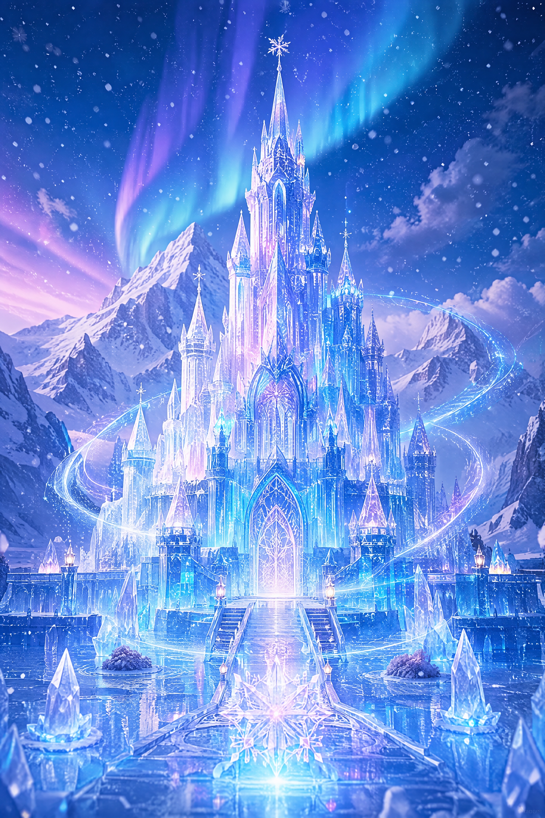 冰雪城堡建造场景，晶莹剔透的冰柱和冰晶塔楼正在形成，蓝白色的魔… - 图片创意预览