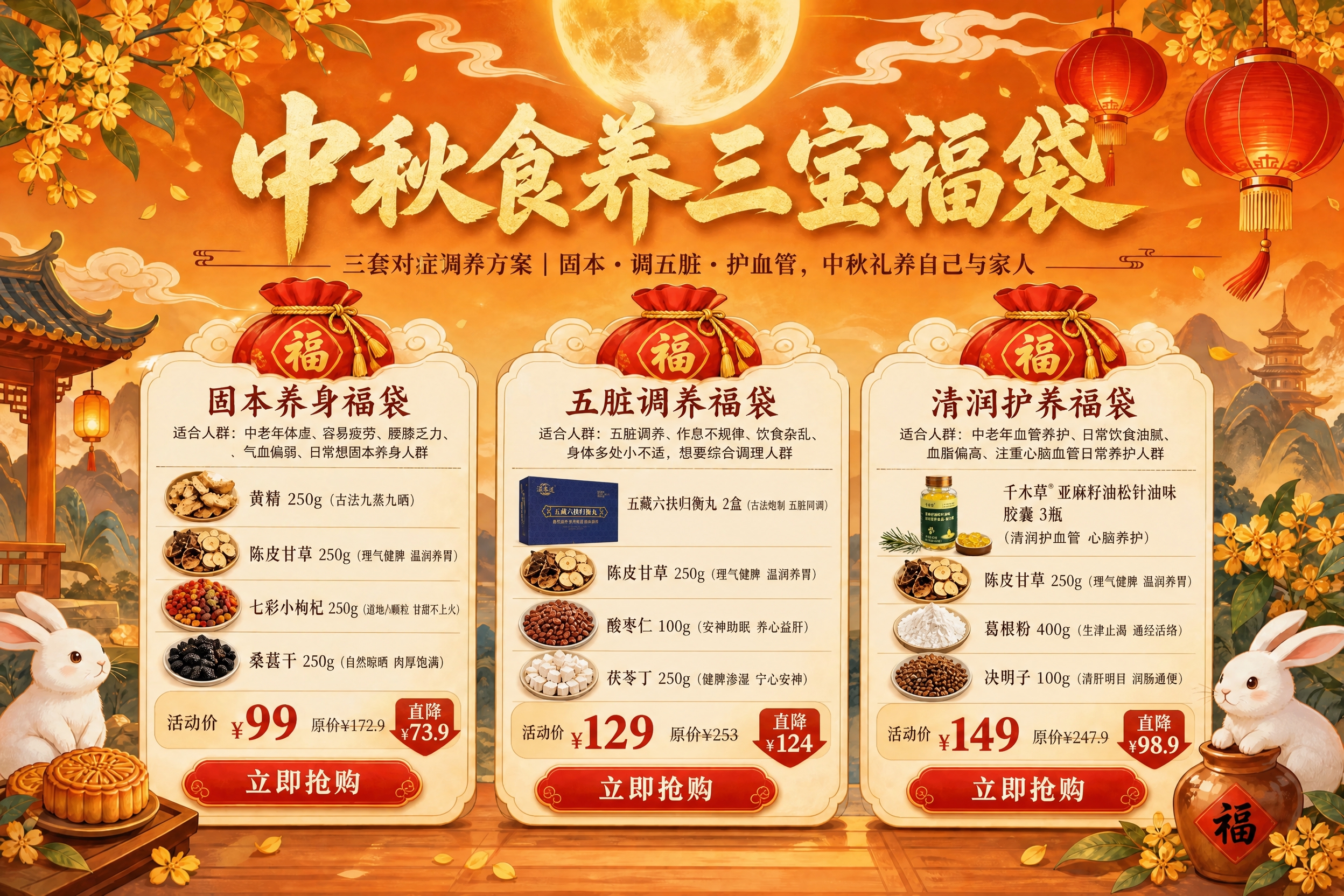 将海报右侧清润护养福袋中的亚麻籽油松针油胶囊产品图，替换为参考… - 图片创意预览