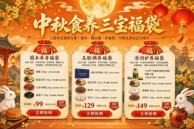 将海报右侧清润护养福袋中的亚麻籽油松针油胶囊产品图，替换为参考图中的千木草亚麻籽油松针油味胶囊瓶（带金色瓶盖、绿色标签的透明瓶，旁边有装着黄色胶囊的小碗和松针）；同时将中间五脏调养福袋中的五藏六扶归衡丸产品图，替换为参考图中的滋本道五藏六扶归衡丸深蓝色包装盒。保持海报整体风格、布局、文字和其他所有元素不变，替换后的产品图要自然融入海报，大小比例合适。