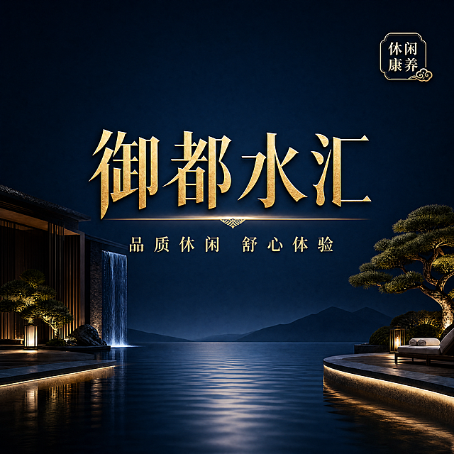 将原图片修改为1:1正方形比例，保留所有文案：主标题"御都水汇"，副标题"品质休闲 舒心体验"，右上角"休闲康养"，保留整体深蓝色渐变背景、金色文字、迎客松水景的大气风格，排版适配正方形构图，保持美观高级
