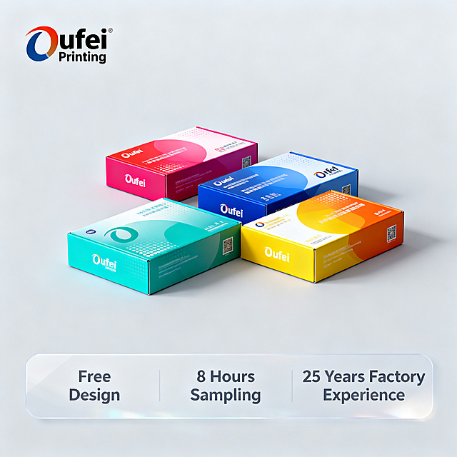 [主图 7] Service commitment display of Oufei Printing custom gift boxes. Remove all original Chinese text, BOSING PACKAGING logo and purple bottom text, replace with 'Oufei Printing' brand mark at top left. Keep all colorful packaging boxes' appearance (physical structure, material texture, color, pattern details) absolutely consistent with input product image, no deformation no chromatic aberration, refined processing. The product set is placed in the center of the light gray background, the bottom is a semi-transparent floating bar, which is evenly arranged with 3 groups of English service text: 'Free Design', '8 Hours Sampling', '25 Years Factory Experience', the product accounts for 65% of the picture, the picture is clean and professional.
[Atmosphere style]: professional business style, trustworthy, in line with cross-border B2B platform aesthetic.
[Image quality]: commercial graphic design texture, clear text, high-definition picture.
[Light and shadow]: flat soft light, no obvious shadow, the picture is bright and tidy.
[Color matching]: main color light gray background, auxiliary product original bright color, text dark gray.
[Perspective composition]: centered composition, the product is the visual center, the depth of field is shallow.
[Text layout]: the 3 groups of service text are evenly distributed in the bottom floating bar, the main text is bold and large, the font is modern sans-serif, the text is clear and legible, no occlusion of the product.
[Proportional resolution]: 1:1 proportion, 2K resolution, super high-definition.
[Negative prompt]: deformation, watermark, text confusion, product blurred, messy background, Chinese characters, original BOSING PACKAGING logo, purple bottom text.