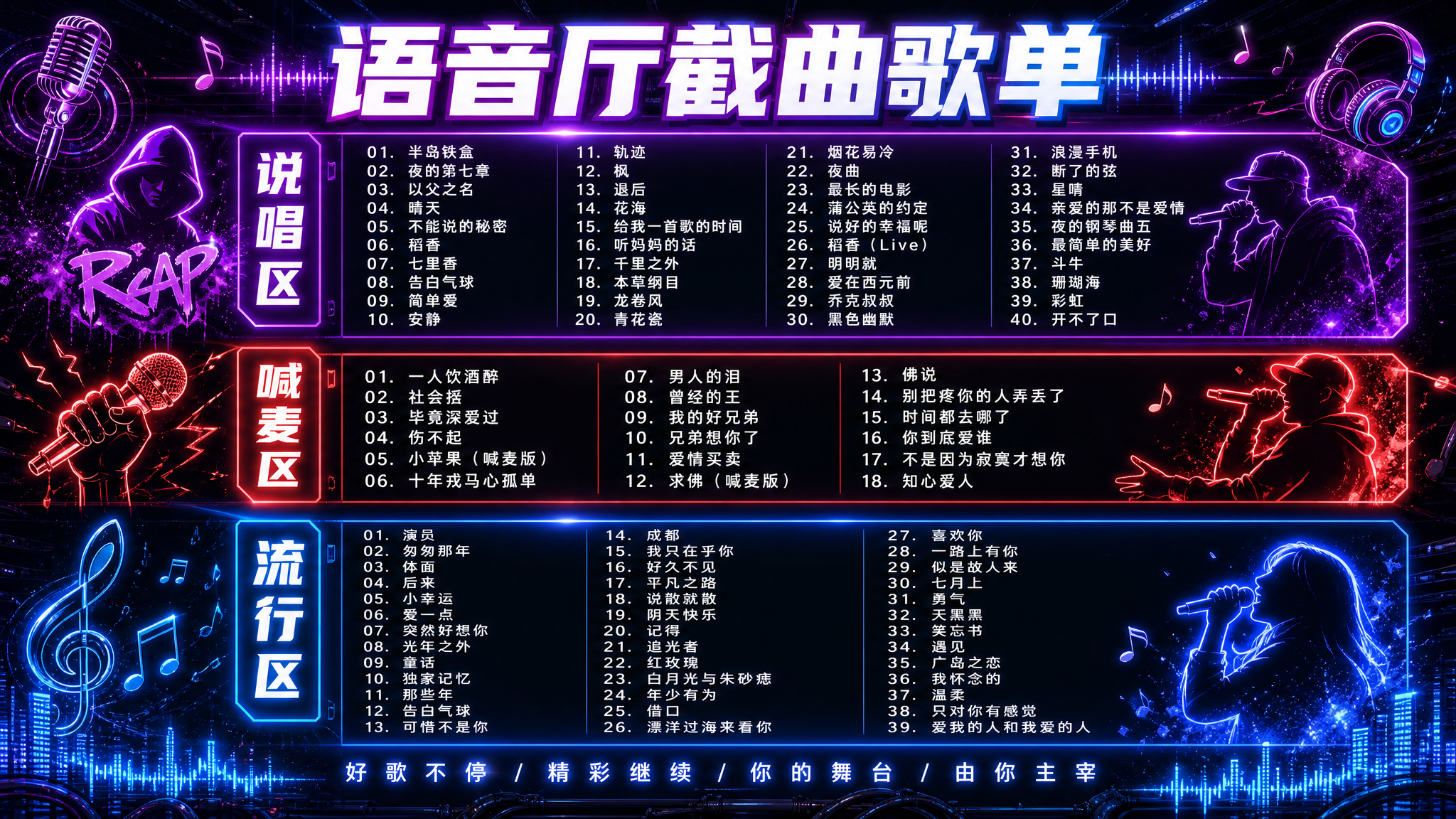一张超级炫酷的语音厅截曲歌单海报，16:9横版，赛博朋克霓虹风… - 图片创意预览