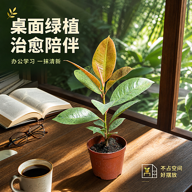 [主图-4] 桌面摆放场景图，展示雀斑小姐放在书桌/办公桌的实际效果与空间适配性。
[统一基调] 热带雨林自然清新风格，背景主色为深绿+翠绿渐变，点缀阳光丁达尔效应；标题字色为米白色，辅助字色为浅草绿，强调色为暖金色；字体为简洁现代无衬线粗体，字号层级分明；整体采用自然商业摄影质感，柔和自然光从左上方斜射。
[画面] 雀斑小姐花叶橡皮树盆栽放置在一张原木书桌上，位于画面黄金分割点位置，主体占比约50%，45°俯视角度；书桌旁有一本打开的书、一副眼镜、一杯咖啡，营造工作学习的生活场景；背景透过窗户可以看到热带雨林绿植景观，阳光从窗外洒入形成温暖的光影；整体氛围清新治愈，体现绿植为办公空间带来的自然气息。
[光影质感] 自然光窗边摄影质感，柔和的侧逆光从右侧窗户照入，在桌面形成长条光影；叶片表面有自然光泽，桌面木纹清晰；整体光影温暖柔和，营造午后办公的舒适氛围。
[配色] 原木桌面的暖棕色与绿植的清新绿色形成自然对比，背景的深绿色雨林景观增加层次感；米白色标题与暖金色点缀，整体色调温馨治愈。
[文字版式] 左上角放置主标题"桌面绿植 治愈陪伴"，米白色粗体；下方小字"办公学习 一抹清新"，浅草绿色；右下角放置小标签"不占空间 好摆放"，配小空间图标。
[输出要求] 1:1正方形比例，2048*2048像素，场景自然真实，产品清晰，文字可读；禁止变形、错字、模糊、杂乱、水印、平台Logo。