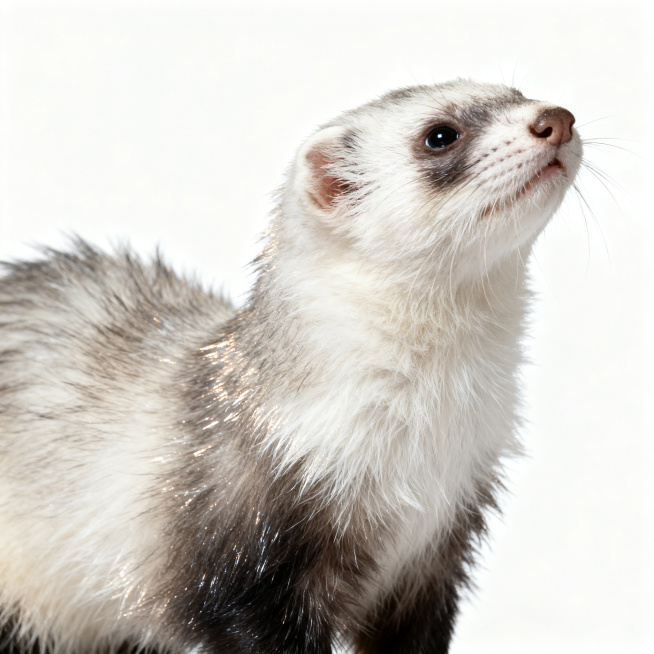 一张真实的雪貂白底图，雪貂毛发蓬松有光泽，神态灵动自然，背景为纯白色无任何多余元素，光线充足均匀，画面清晰干净预览效果